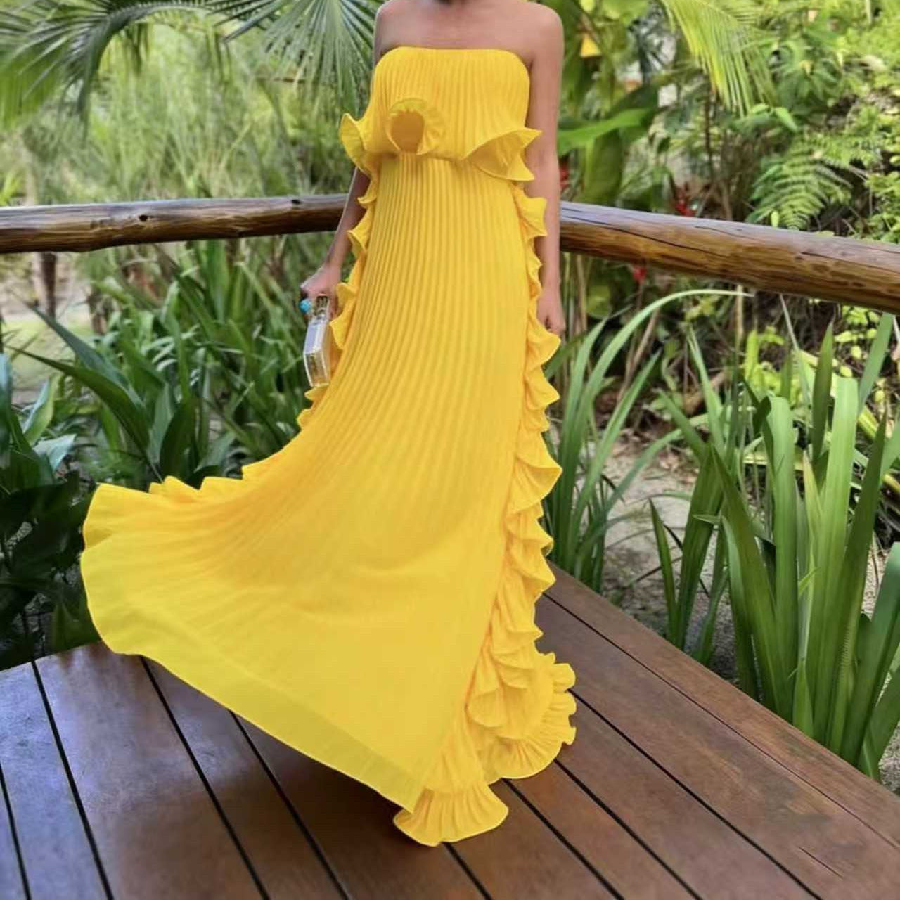 Strapless Pleated Chiffon Dress