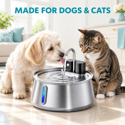 Dog and cat enjoying the fountain with MADE FOR DOGS & CATS overlay