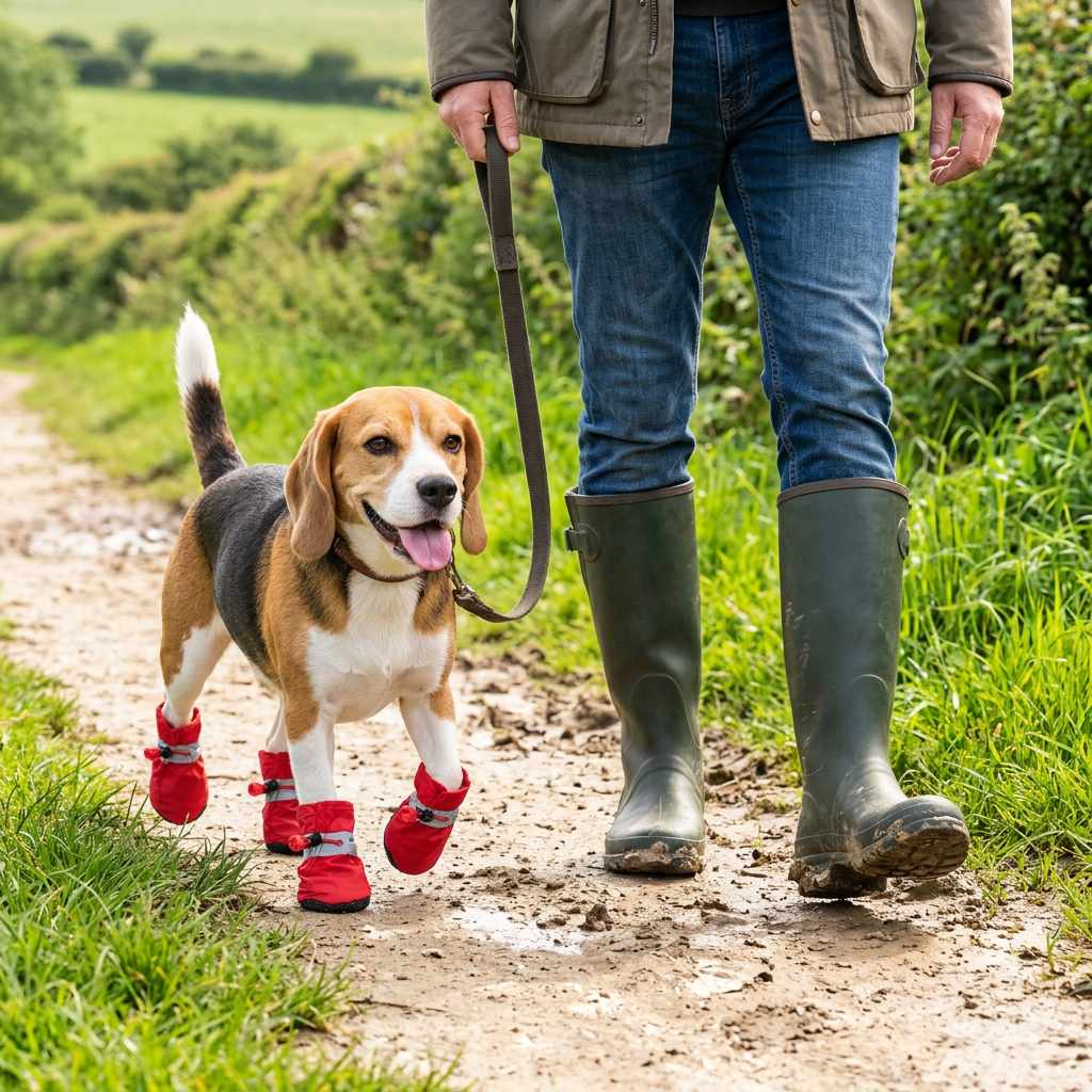 Dog in red shoes walking beside its owner in tall farmer boots on a lightly muddy path