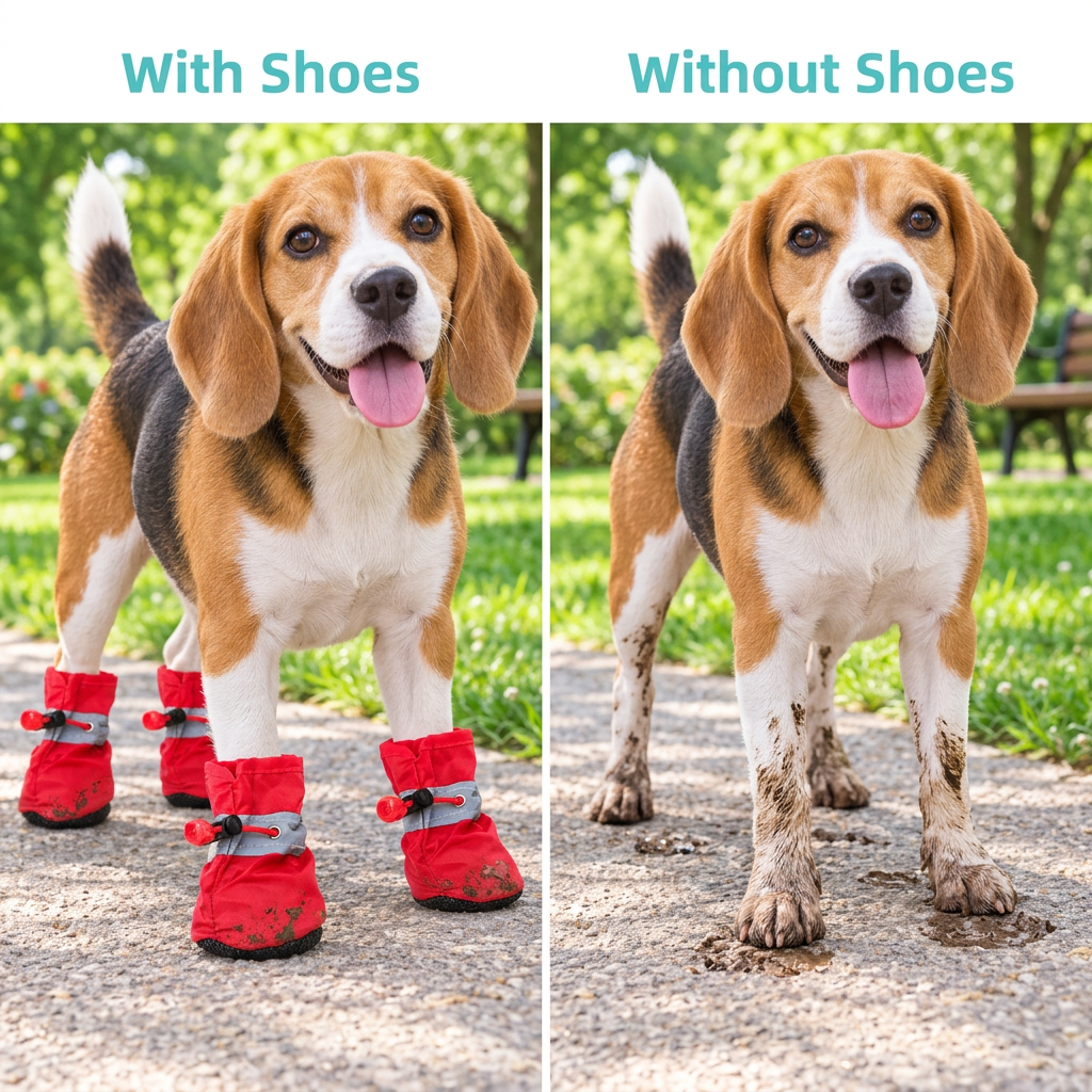 Dog wearing red shoes compared with the same dog with muddy bare paws