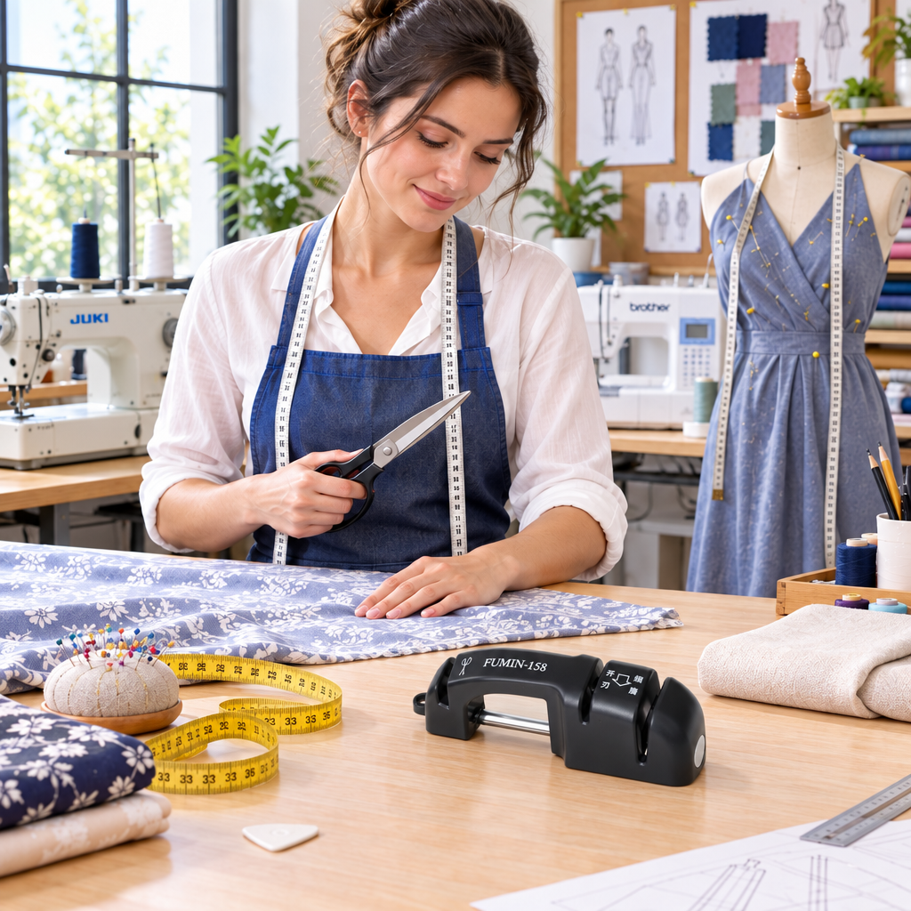 Dressmaker’s worktable scene with a smaller black sharpener