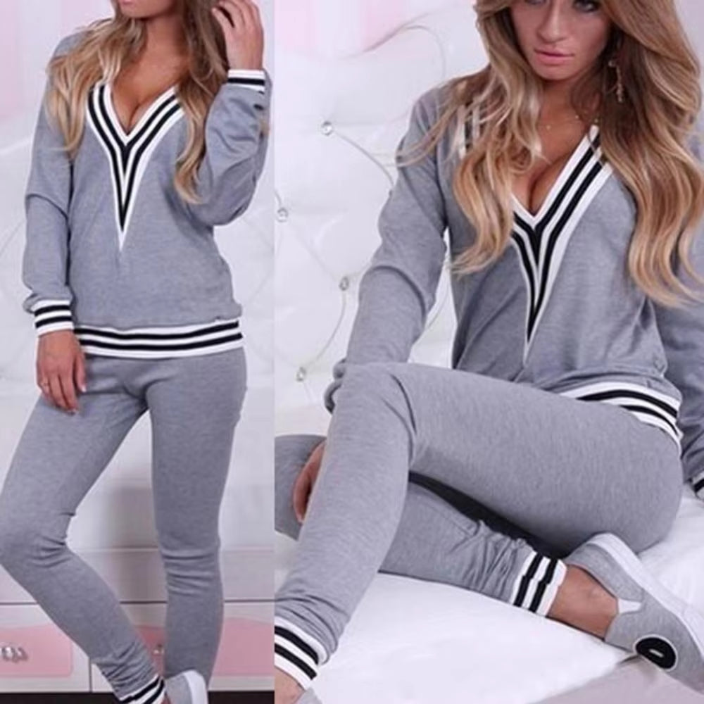 40%HOT 2 Pieces/Set Women'S Casual Striped Hem V-Neck Sweatshirt Pants Cotton Sportswear Ladies Gym Suit