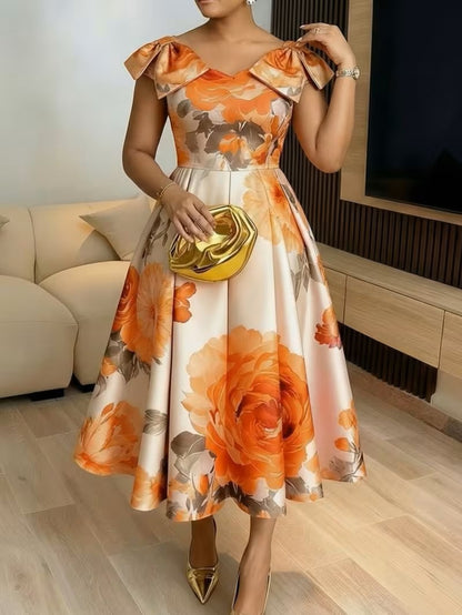 Floral Printed Ruffle Neck A-Line Dress