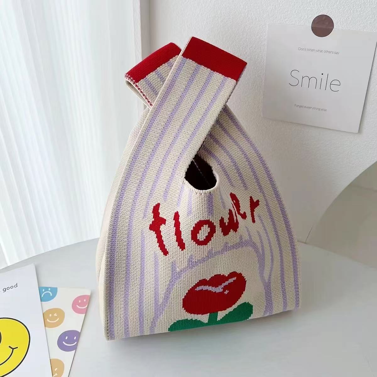 Knitted Tote Bag with Floral Design