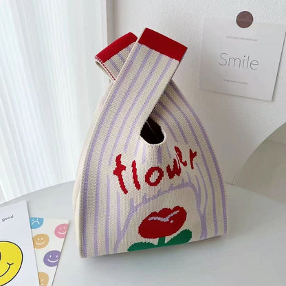 Knitted Tote Bag with Floral Design