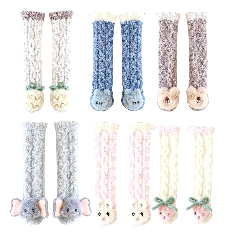 Winter Slipper Socks Fluffy Cartoon Warm Socks with Decors Elastic Home Socks for Living Room Bedroom Kids Room 0-5 Years Old