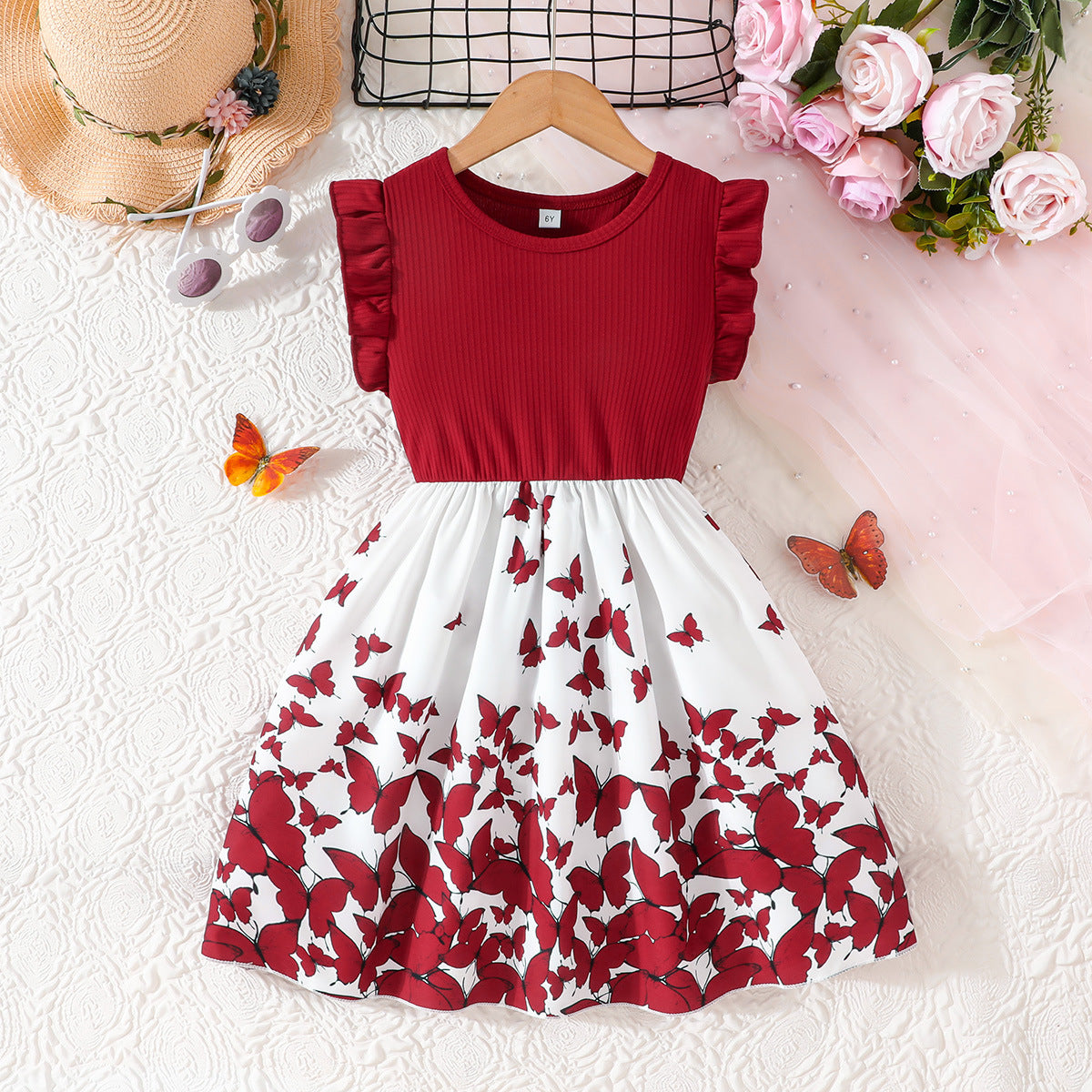 Girls Flutter Sleeve Butterfly Print Dress