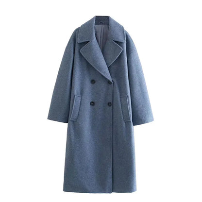 Lapel Women Straight Overcoat Casual Double-Breasted Office Ladies Long Coat 2022 Autumn Winter Solid Female Streetwear Coats