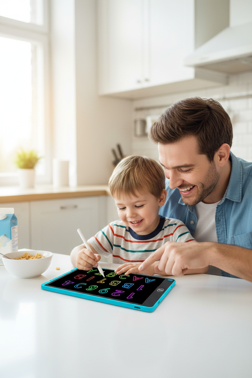 Father and son using LCD writing tablet