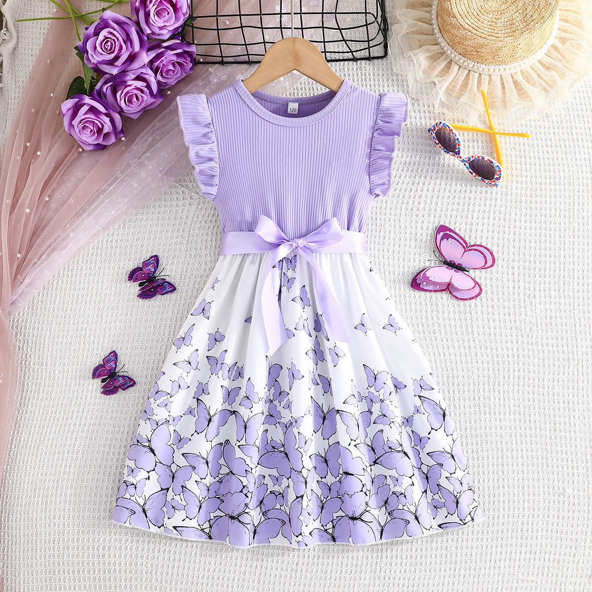 Girls Flutter Sleeve Butterfly Print Dress