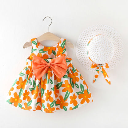 Baby Girl Summer Dress with Bow And Hat