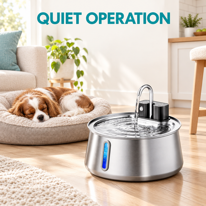 Fountain operating beside a sleeping dog with QUIET OPERATION overlay