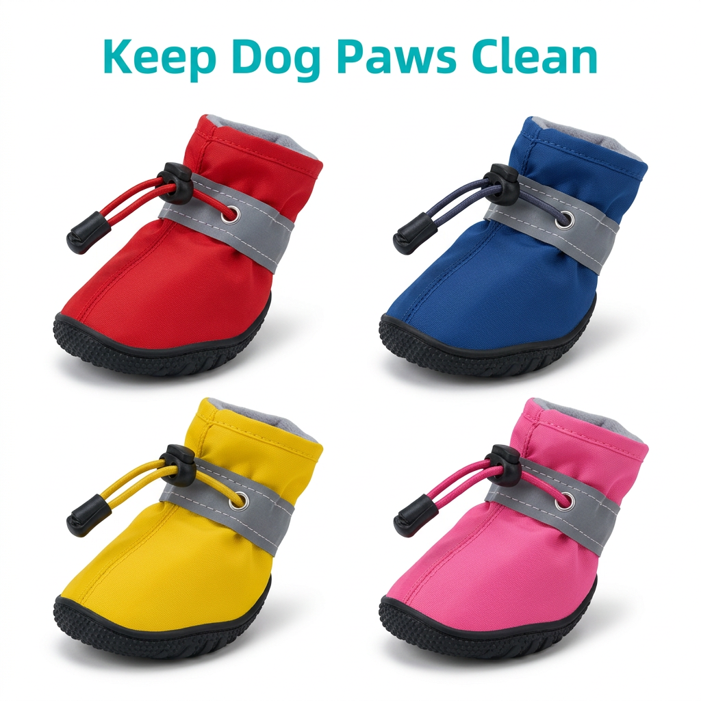 Four colored dog shoes with aqua text on white
