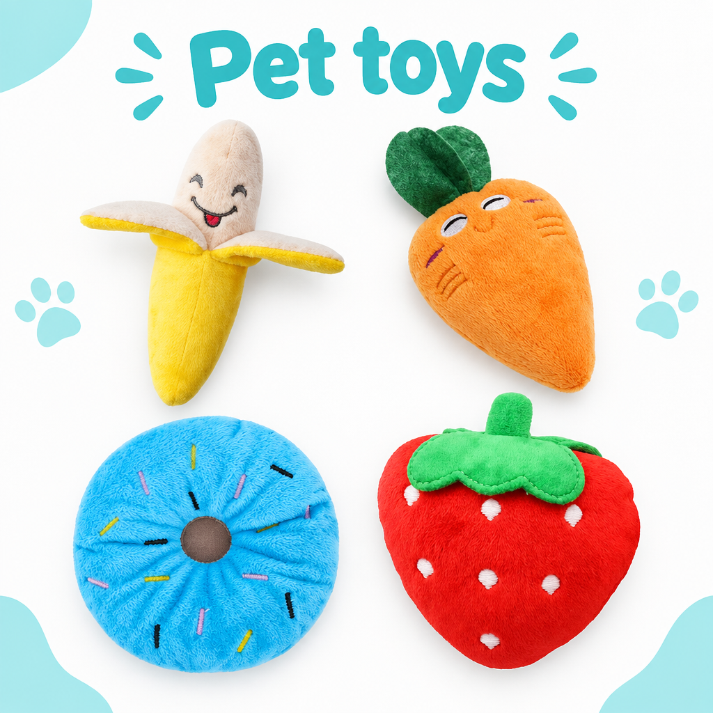 Four plush toys with aqua Pet toys text