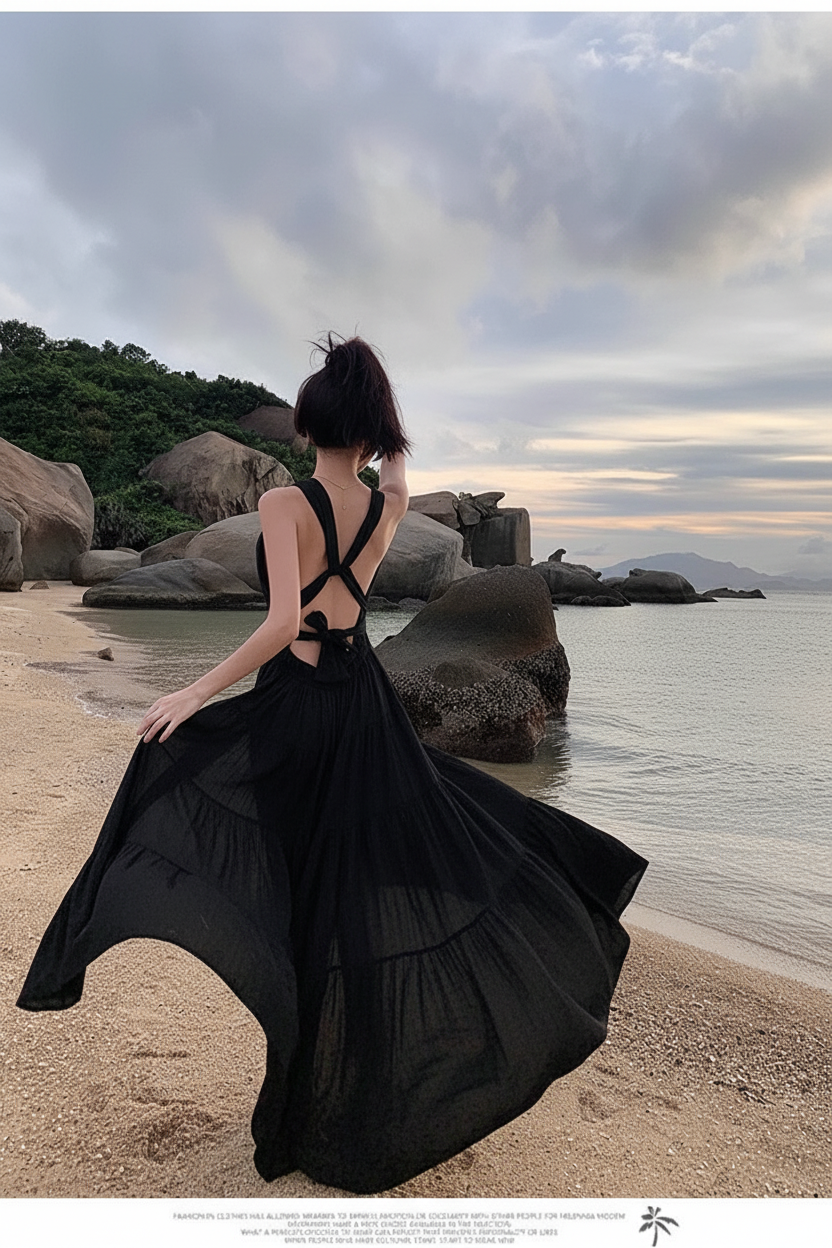 French Style Backless Dress - Black Beach