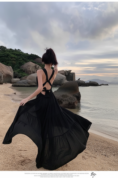 French Style Backless Dress - Black Beach