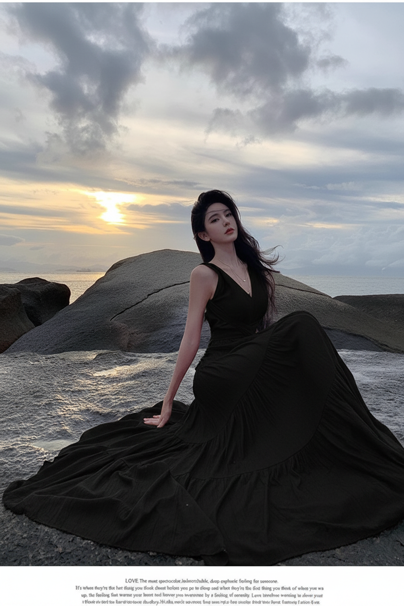 French Style Backless Dress - Black Rocks Sunset