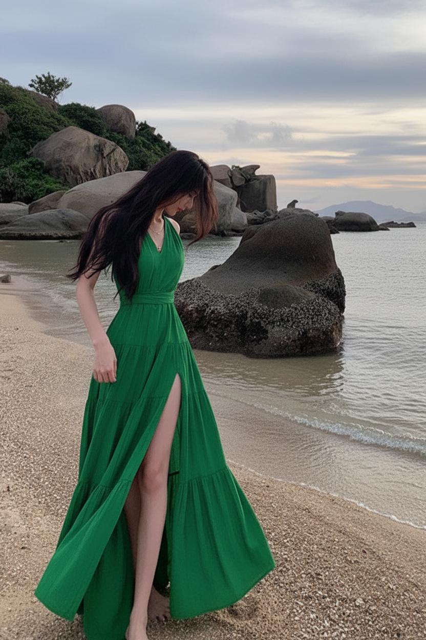 French Style Long Dress - Kelly Green Fresh