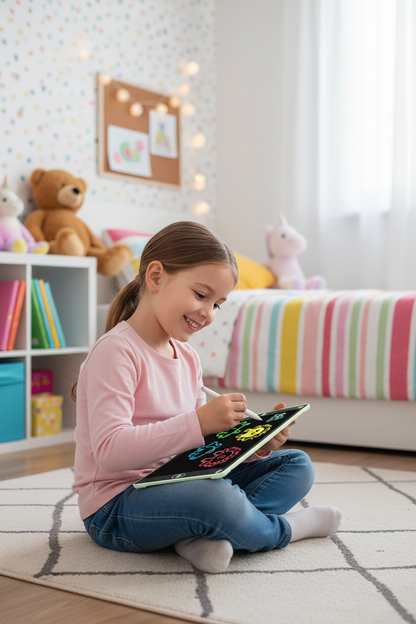Girl drawing on LCD tablet on bedroom floor