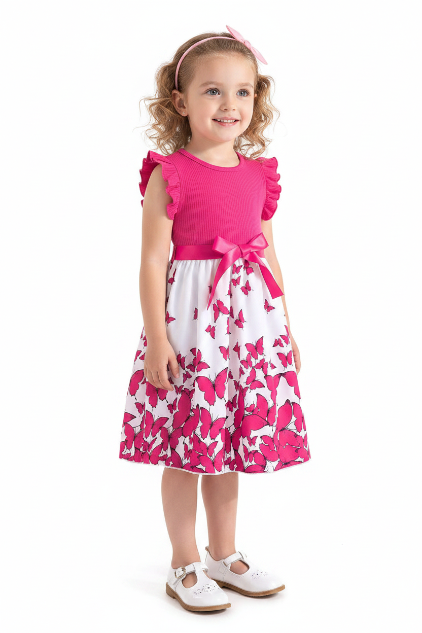 Girls Flutter Sleeve Butterfly Print Dress with Shoes
