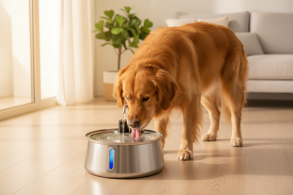 Golden Retriever drinking from pet fountain