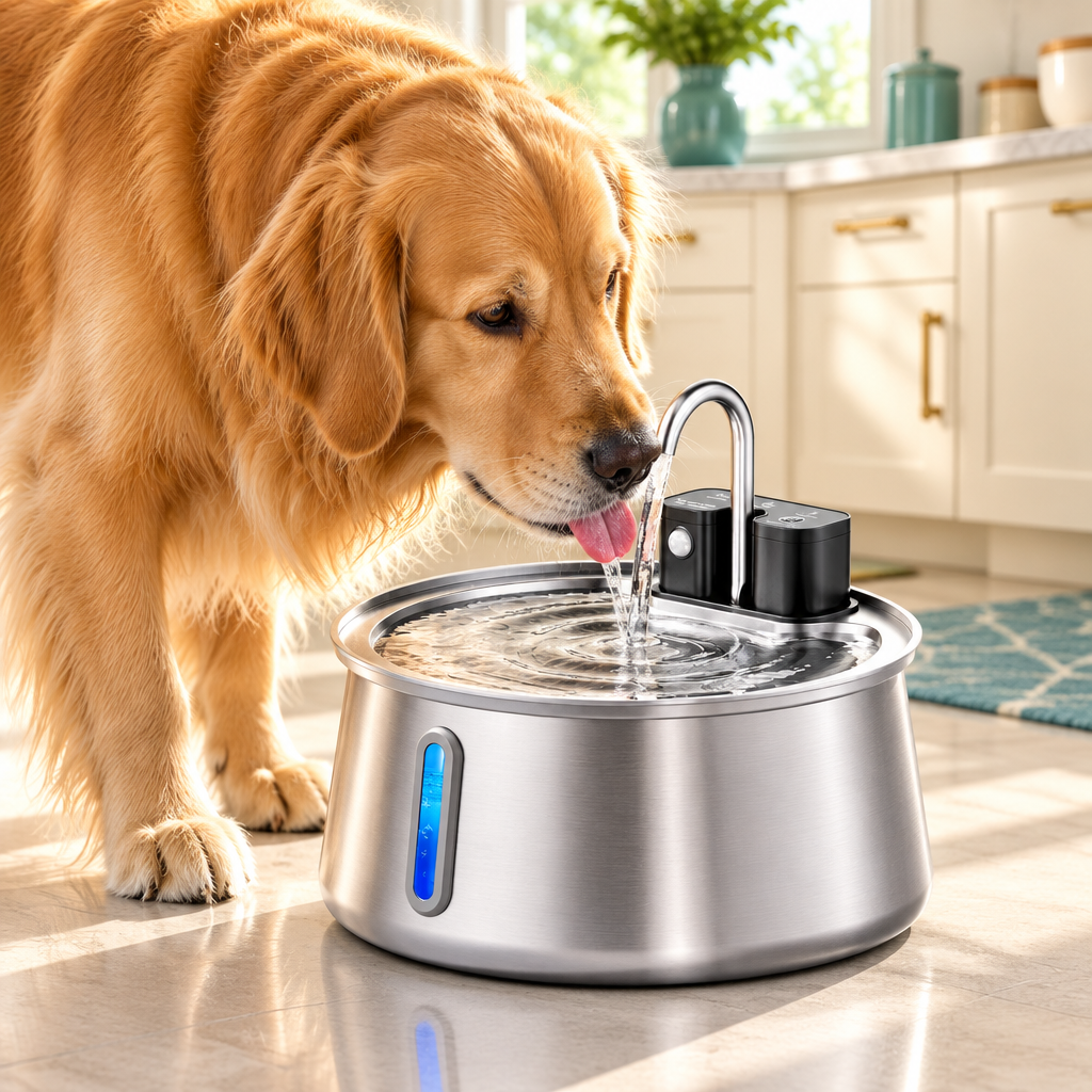 Golden retriever drinking from the stainless steel pet fountain