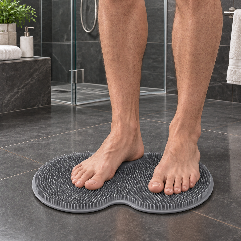 Gray foot massage pad with both feet on it in a stone-tile bathroom