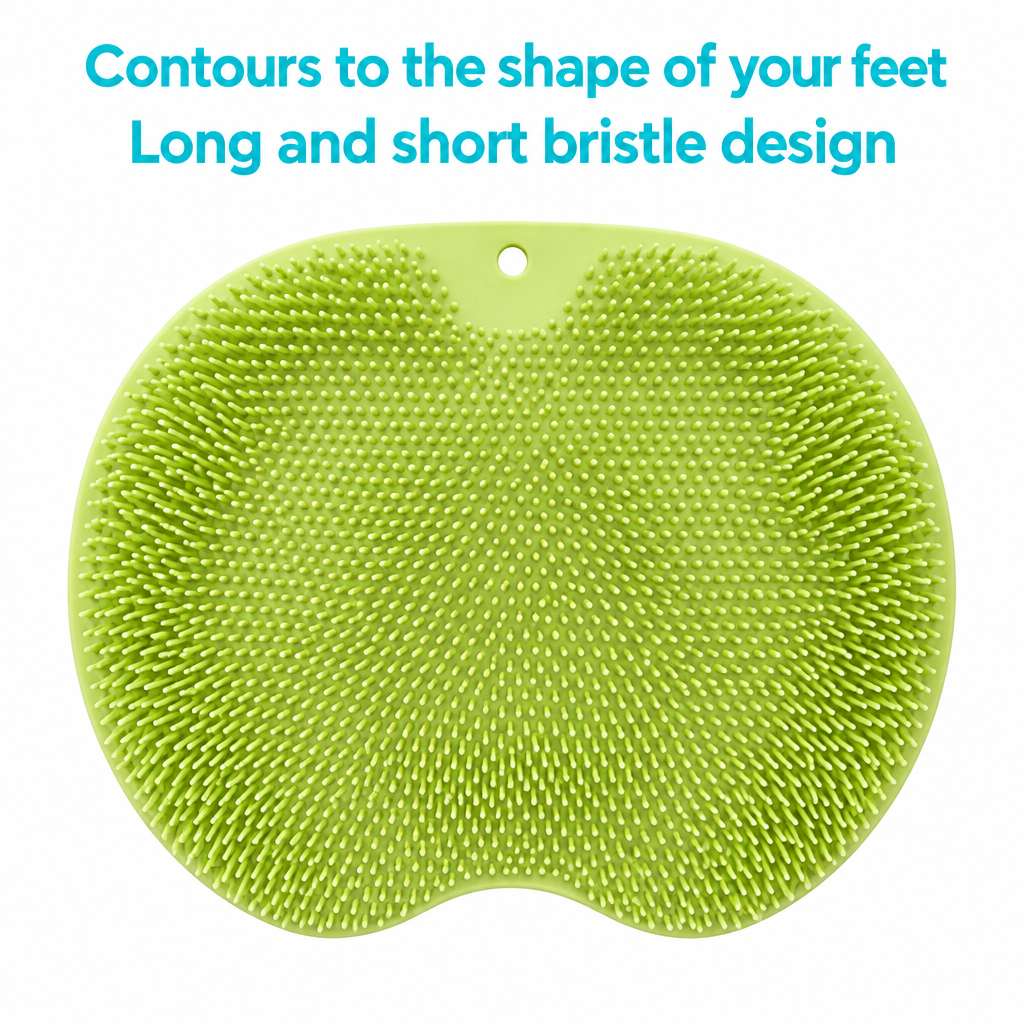 Green foot massage mat with aqua text about contours and bristles