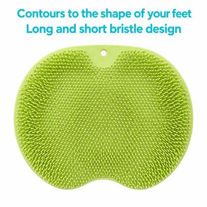 Green foot massage mat with aqua text about contours and bristles