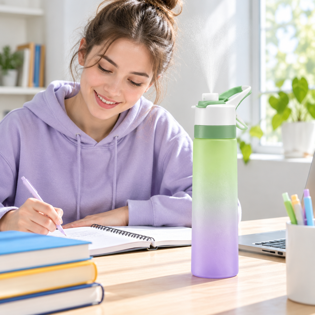 Green-purple gradient bottle at a desk