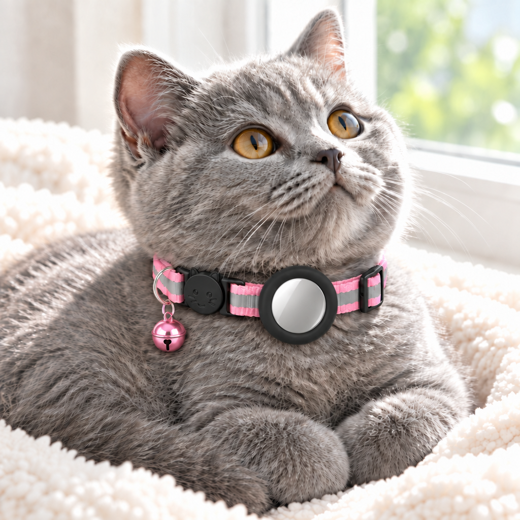 Grey kitten, pink collar with metallic pink bell