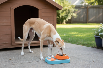 Greyhound eating from pet bowl at kennel