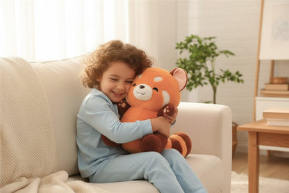 Child hugging a cute panda plush toy