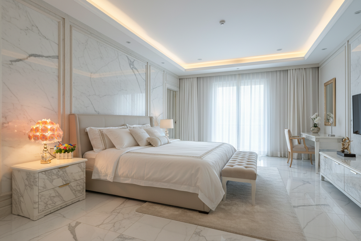 Luxury marble master bedroom with Rose Table Lamp on bedside table