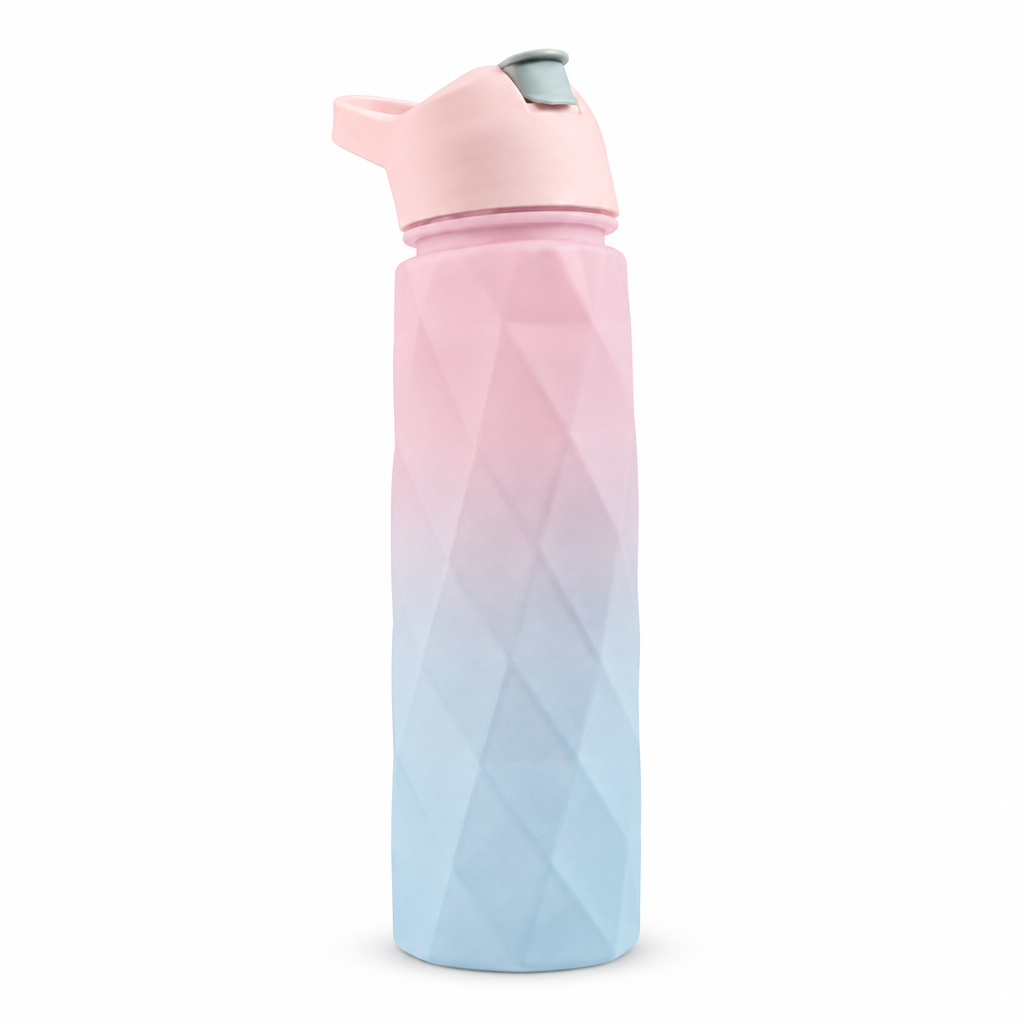 Powder blue gradient AquaBoost sports water bottle on a white background
