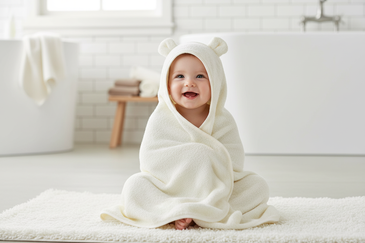 Adorable baby wrapped in a soft cotton hooded bath towel after bath time