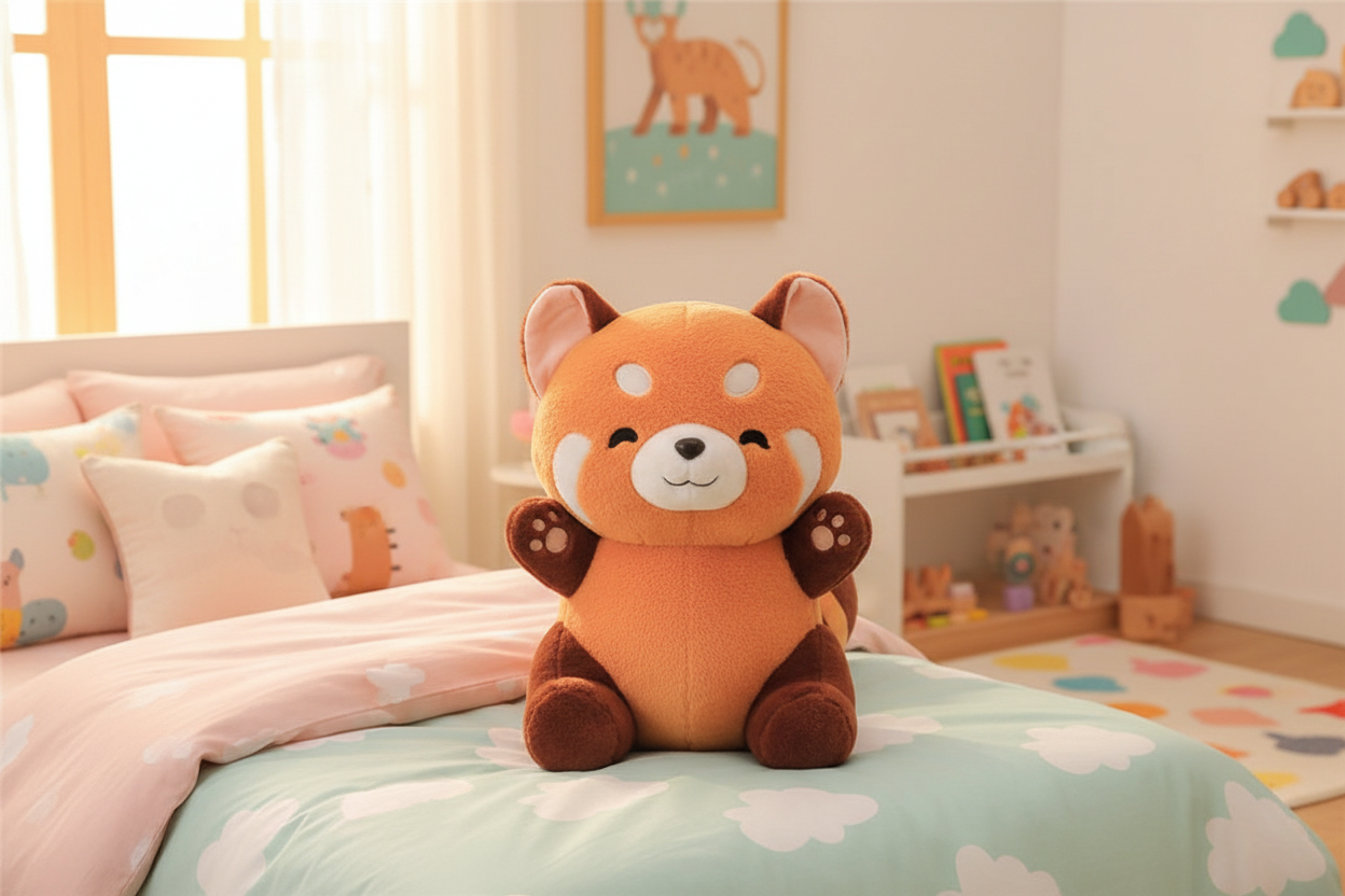 Cute panda plush toy on a cozy child's bed