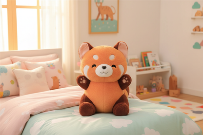 Cute panda plush toy on a cozy child's bed