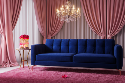 Bright pink rose crystal USB table lamp in a high-end glamorous bedroom with pink rug and curtains