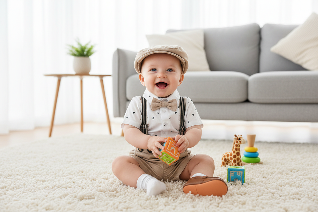 Adorable baby boy wearing a 7-piece casual outfit set