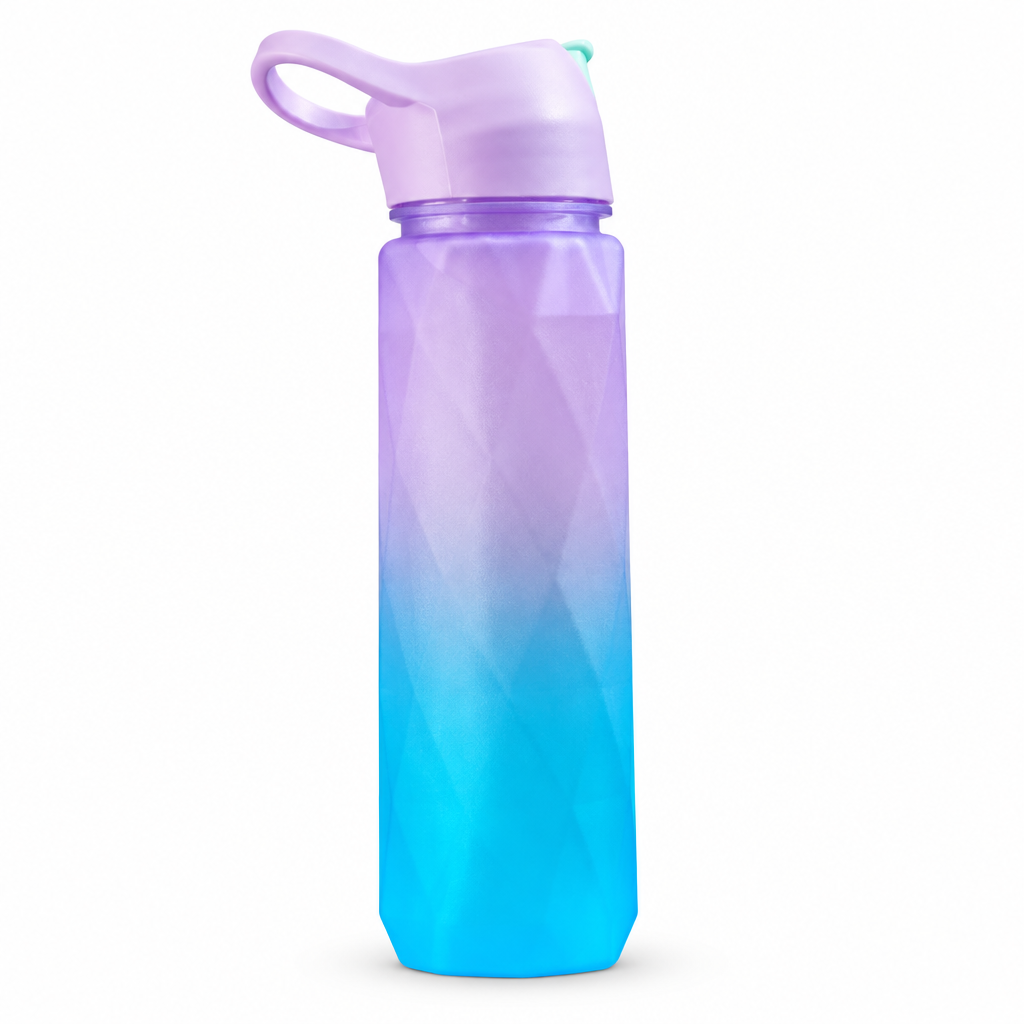 Purple and blue gradient AquaBoost sports water bottle on a white background
