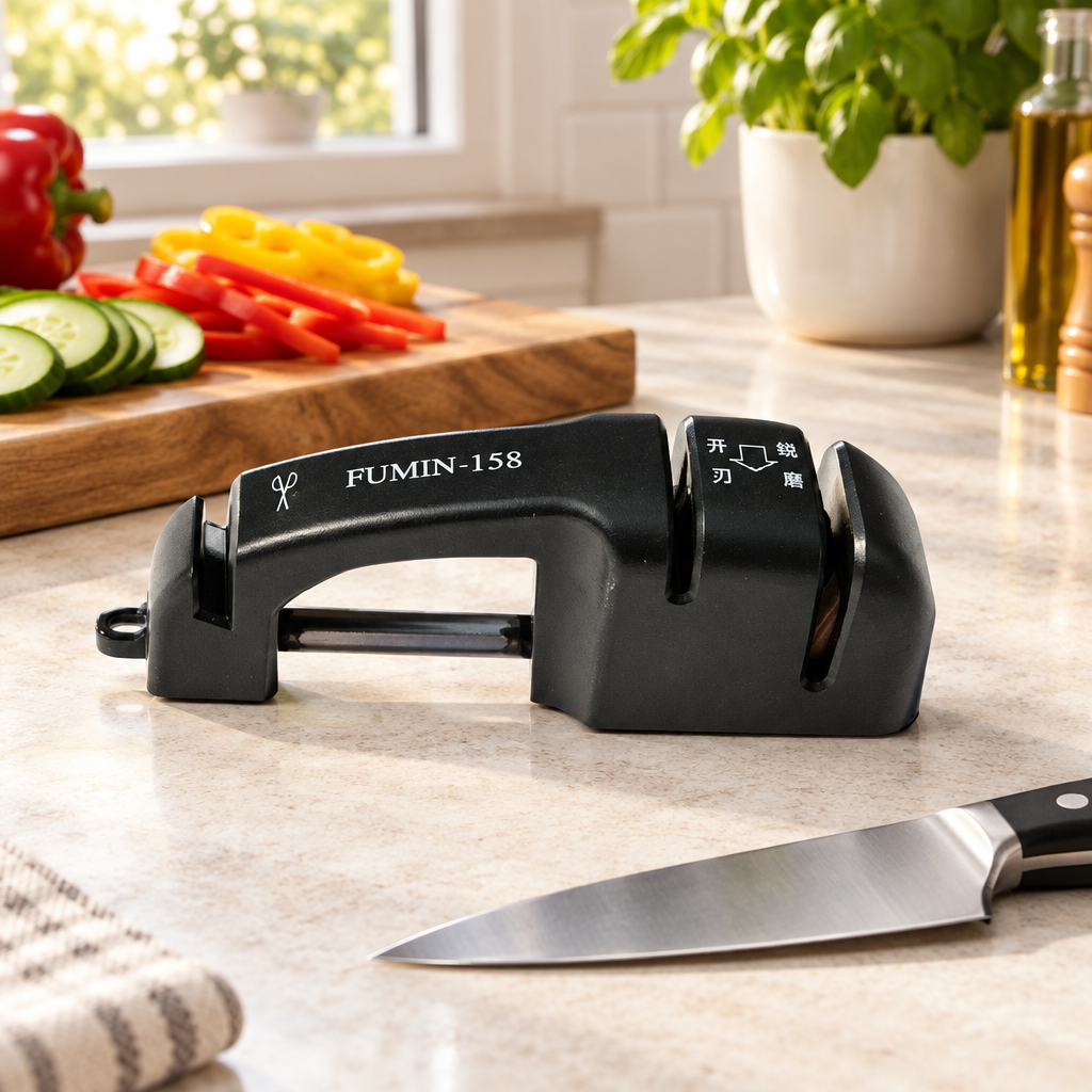 Knife sharpener on a light stone kitchen counter