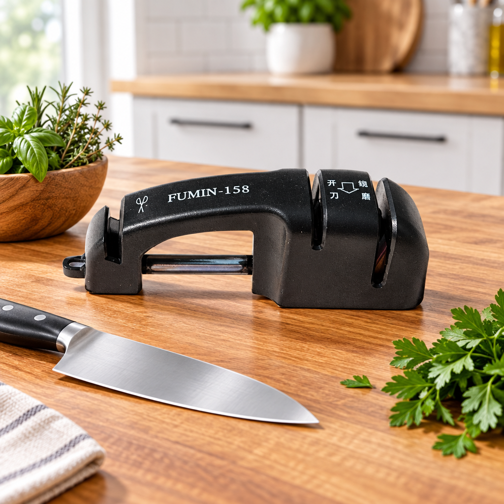 Knife sharpener on a warm wooden kitchen counter