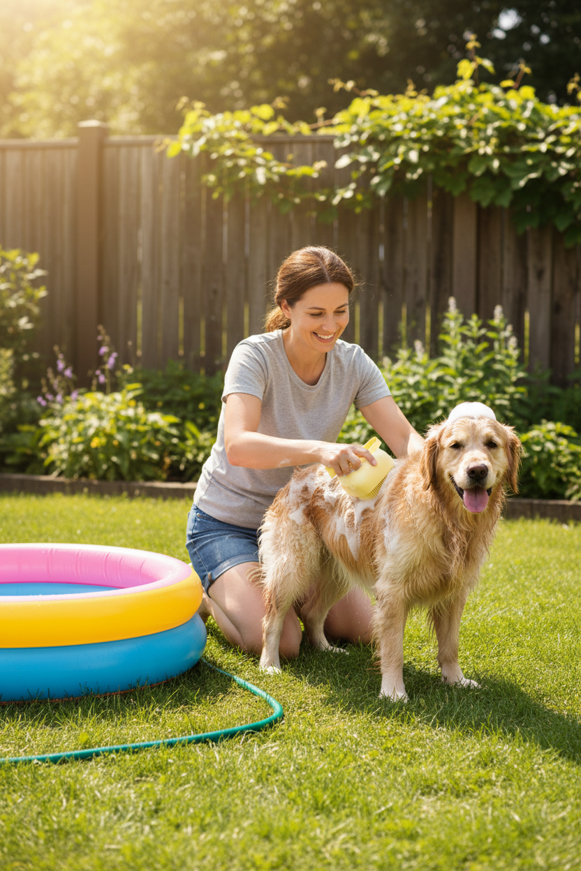 Lady giving dog a bath in backyard - portrait