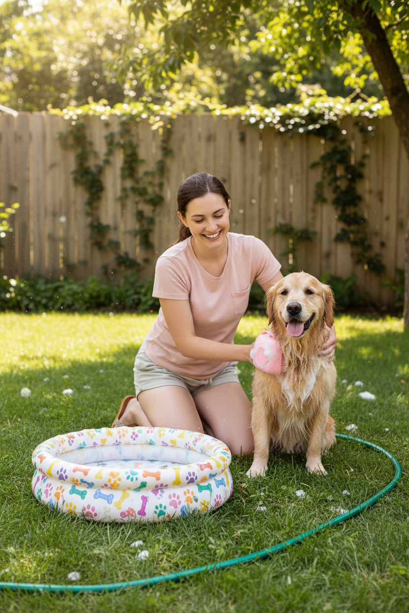 Lady giving dog a bath with pink silicone spa brush - portrait