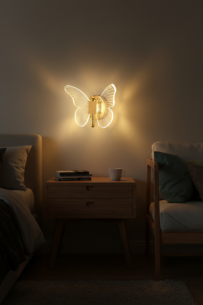 LED Butterfly Wall Sconce glowing in elegant bedroom