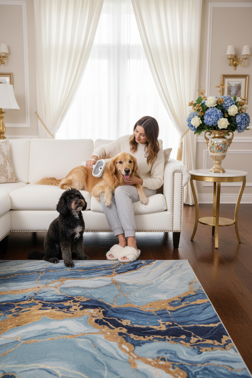 Luxury living room - white couch, white curtains, blue gold marble rug