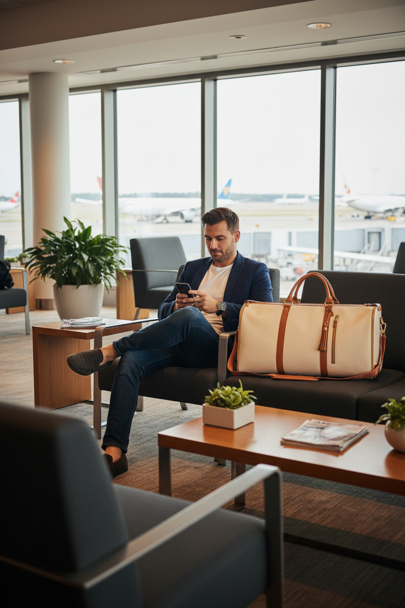 Man at Airport Lounge with Bag