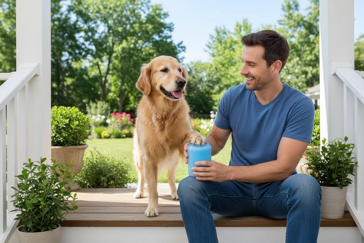Man on Front Porch Cleaning Dog Paw