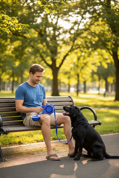Man sitting on park bench holding dog leash product with dog at feet